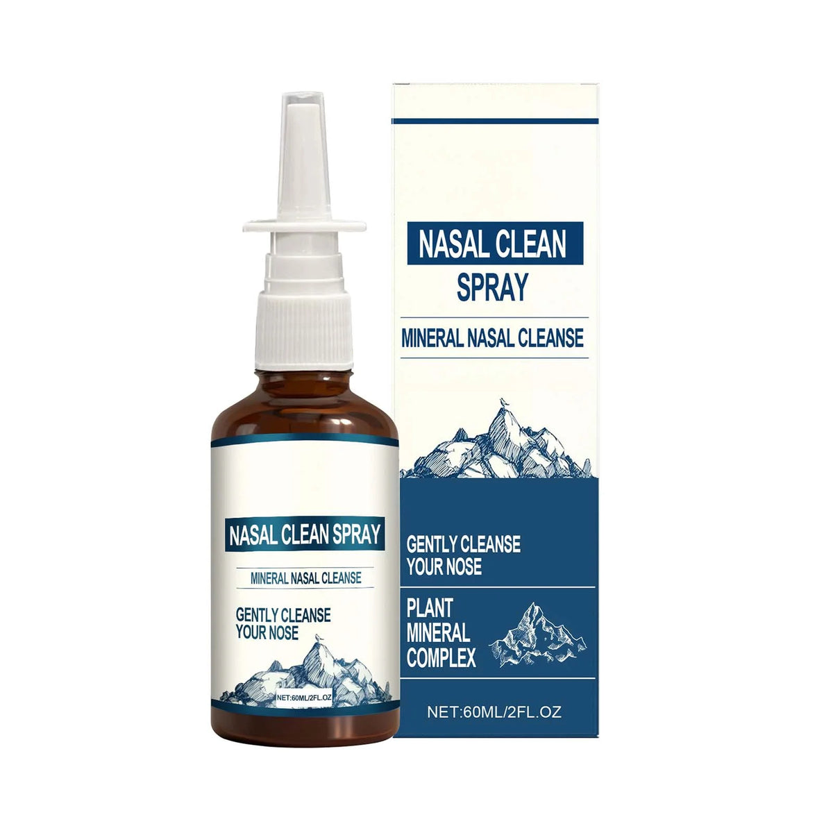 A bottle of Nasal Clean Spray with a white pump dispenser and a label detailing mineral nasal cleanse ingredients.