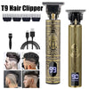 A vertical shot of a gold-colored T9 hair clipper with a black guard and display, shown alongside various grooming applicatio