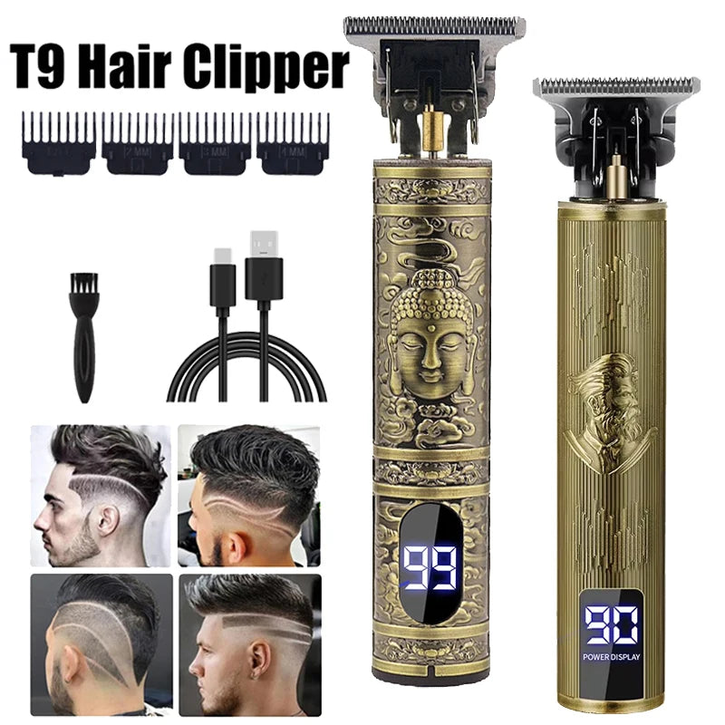 A vertical shot of a gold-colored T9 hair clipper with a black guard and display, shown alongside various grooming applicatio