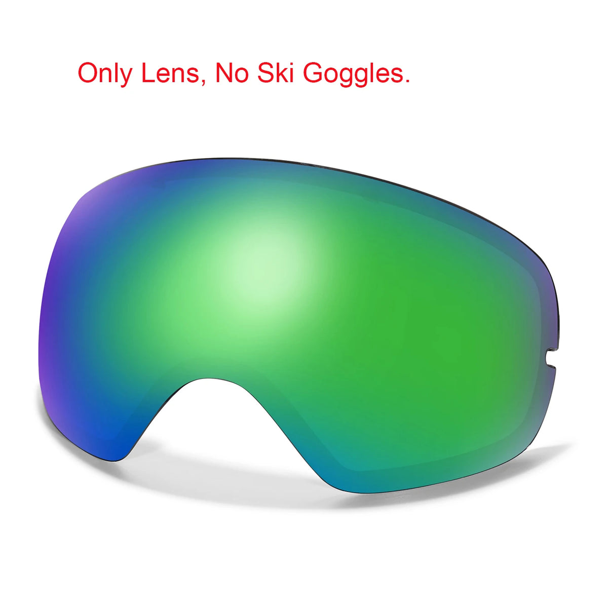 A green tinted lens is shown on a pair of sports goggles, with text stating Only Lens No Ski Goggles.