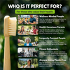 A set of ten natural bamboo toothbrushes shown alongside various people and scenes related to health and wellness.