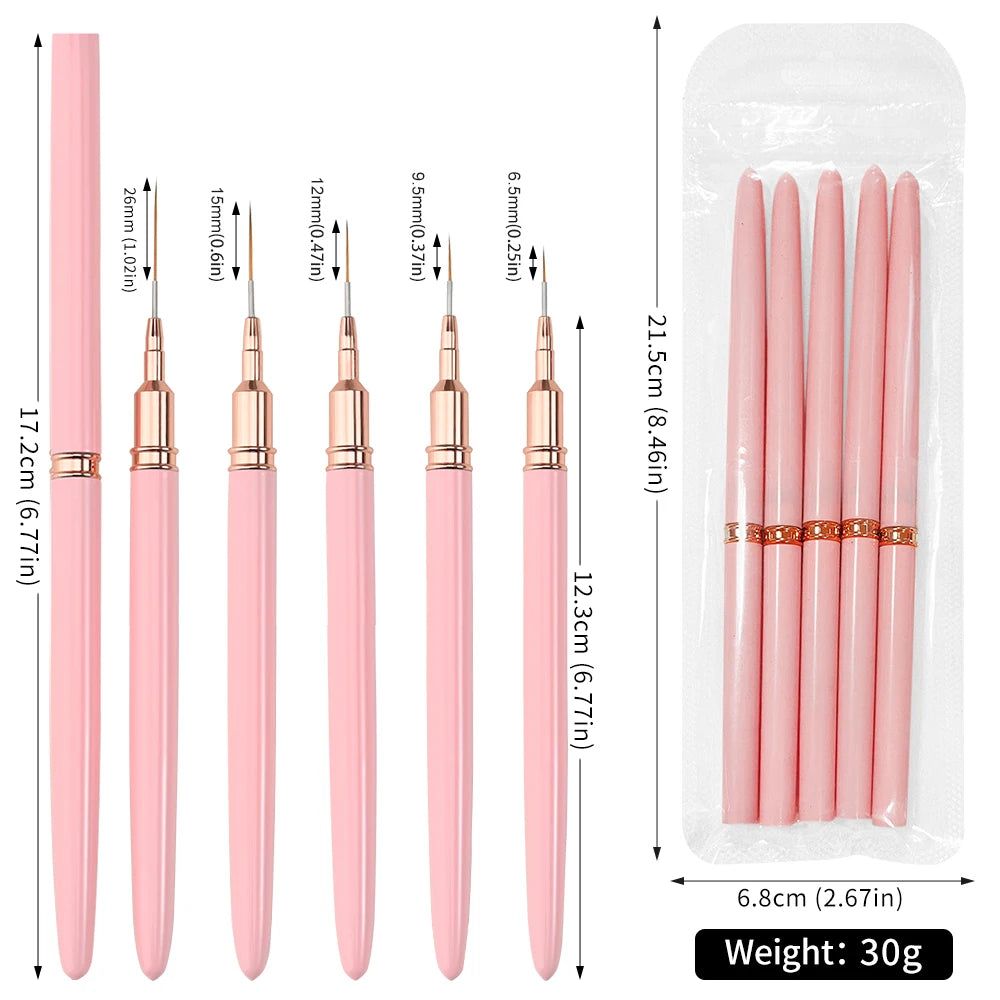 A set of pink nail art liner brushes with ultra-fine tips packaged in a clear plastic pouch.