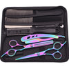 A black case containing professional stainless steel hairdressing scissors and combs.