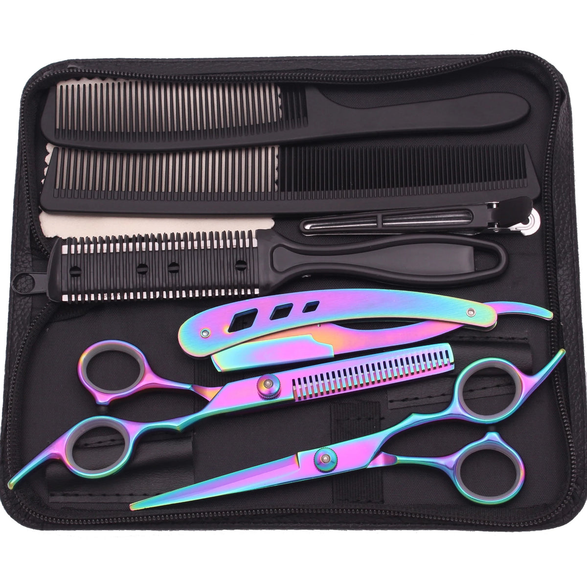 A black case containing professional stainless steel hairdressing scissors and combs.