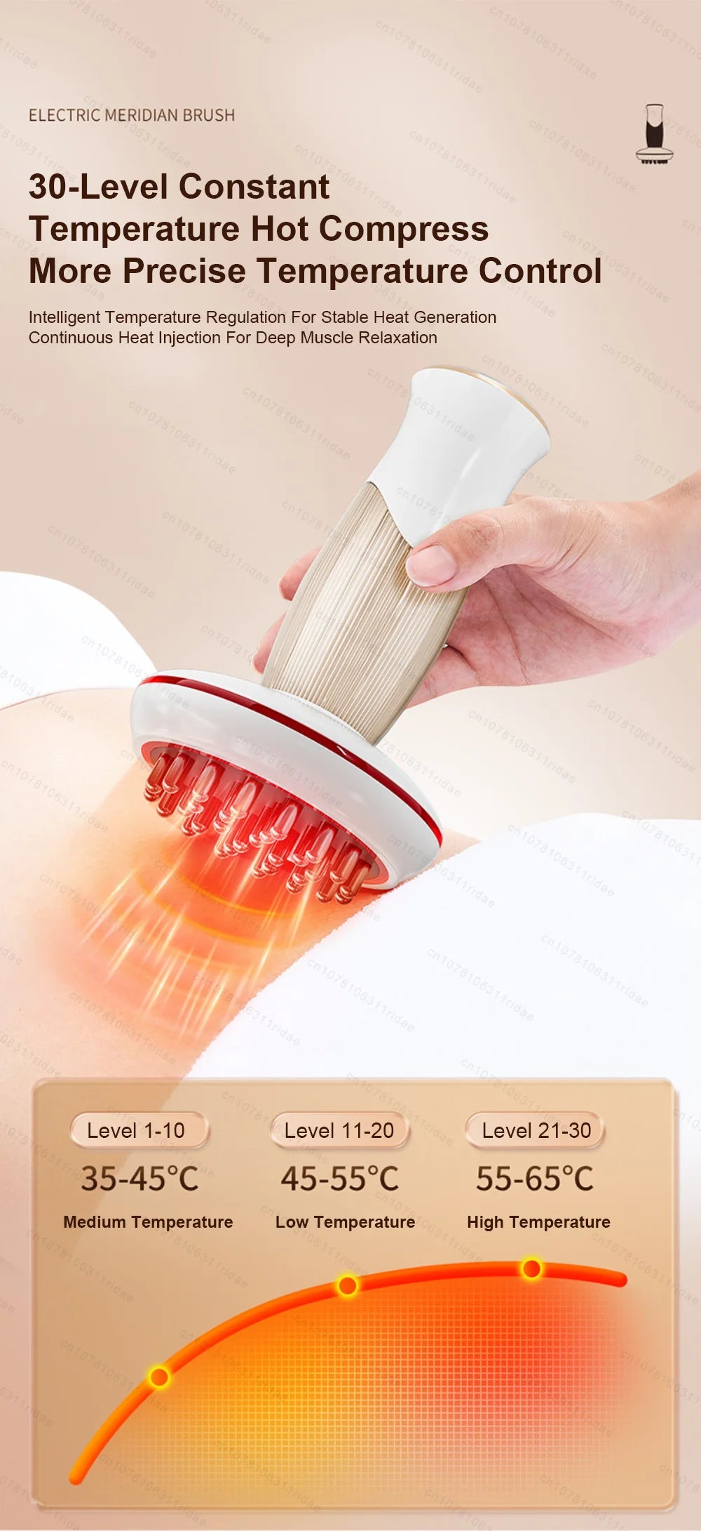 A hand is using an electric meridian brush for muscle relaxation, showing temperature levels from 35-45°C to 55-65°C.