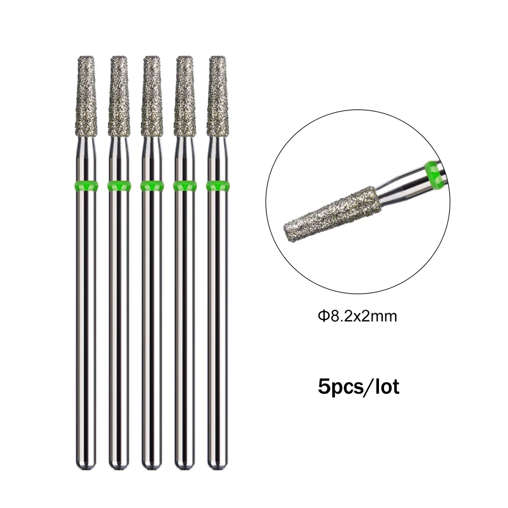 A set of five diamond nail drill bits with a 8.2x2mm size for professional manicures.