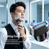 A man is using a black floating contour fit shaver on his face in a bathroom setting.