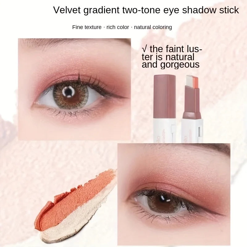 Close-up of a velvet gradient two-tone eye shadow stick applied to an eye, showing natural coloring and fine texture.