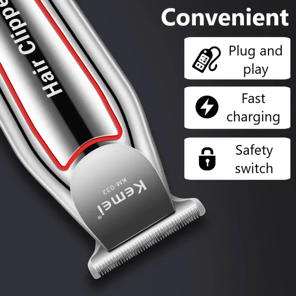 A close-up view of a silver electric hair clipper with a safety switch and plug, highlighting its convenient features.