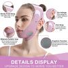 A close-up of a pink V-Line face slimming lifting bandage being worn on a woman's face.