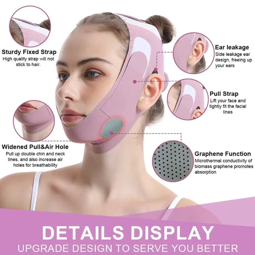 A close-up of a pink V-Line face slimming lifting bandage being worn on a woman's face.