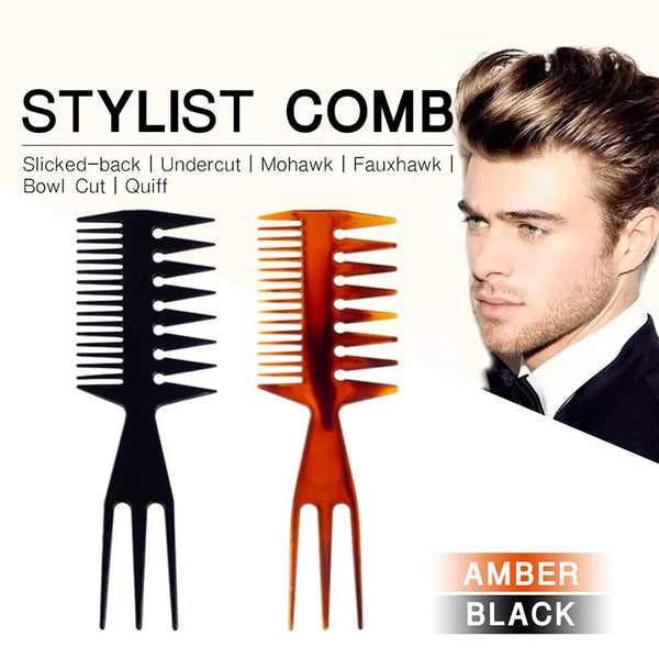 A set of three styling combs in black and amber colors for hairstyling.