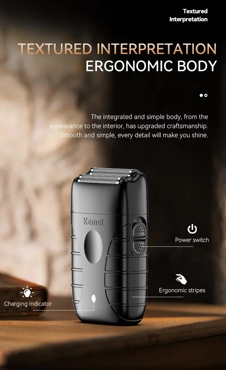A black electric hair clipper grooming kit with a power switch, charging indicator, and ergonomic stripes is shown on a woode
