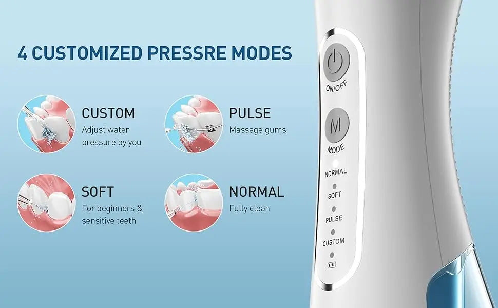 A close-up of a white portable oral irrigator device showing four pressure modes: Custom, Pulse, Soft, and Normal.