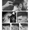 Sammlung von Bildern mit verschiedenen professionellen kabellosen Haarschneid- und Stylingtechniken für Männerköpfe.