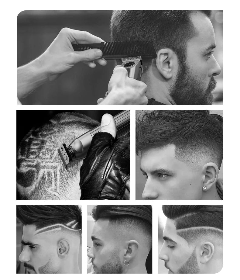 Sammlung von Bildern mit verschiedenen professionellen kabellosen Haarschneid- und Stylingtechniken für Männerköpfe.