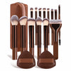 A set of 17 professional makeup brushes and a travel bag in brown and black tones.