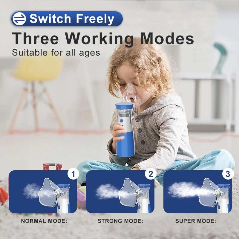 A child is using a blue facial steamer and humidifier in three working modes: normal, strong, and super.