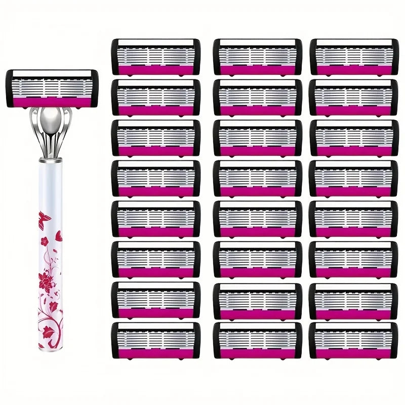 A set of 12 black and magenta multi-layer body hair removal razors with stainless steel handles.