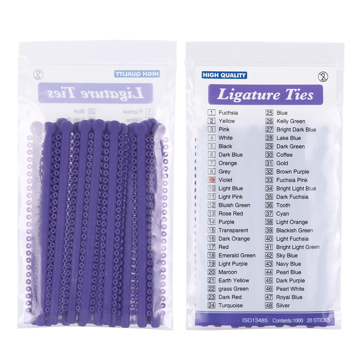 Pack of 20 assorted ligature ties for dental orthodontics in various colors