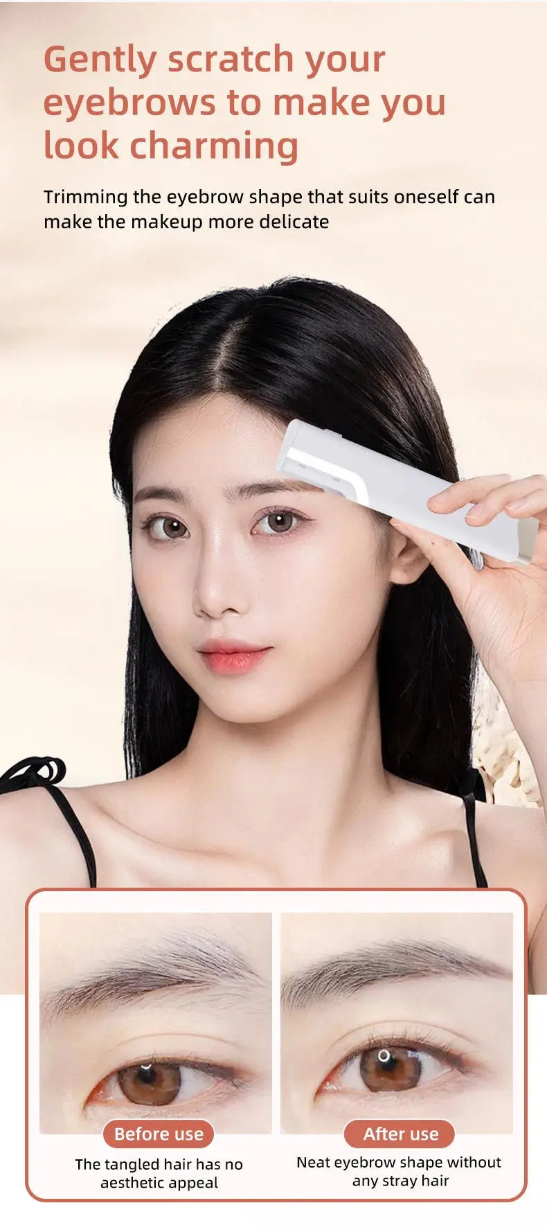 A woman is using a white dermaplaning tool to gently scratch her eyebrows for makeup application.