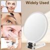 A foldable handheld vanity mirror is shown with various magnifying functions for facial and eye examination.