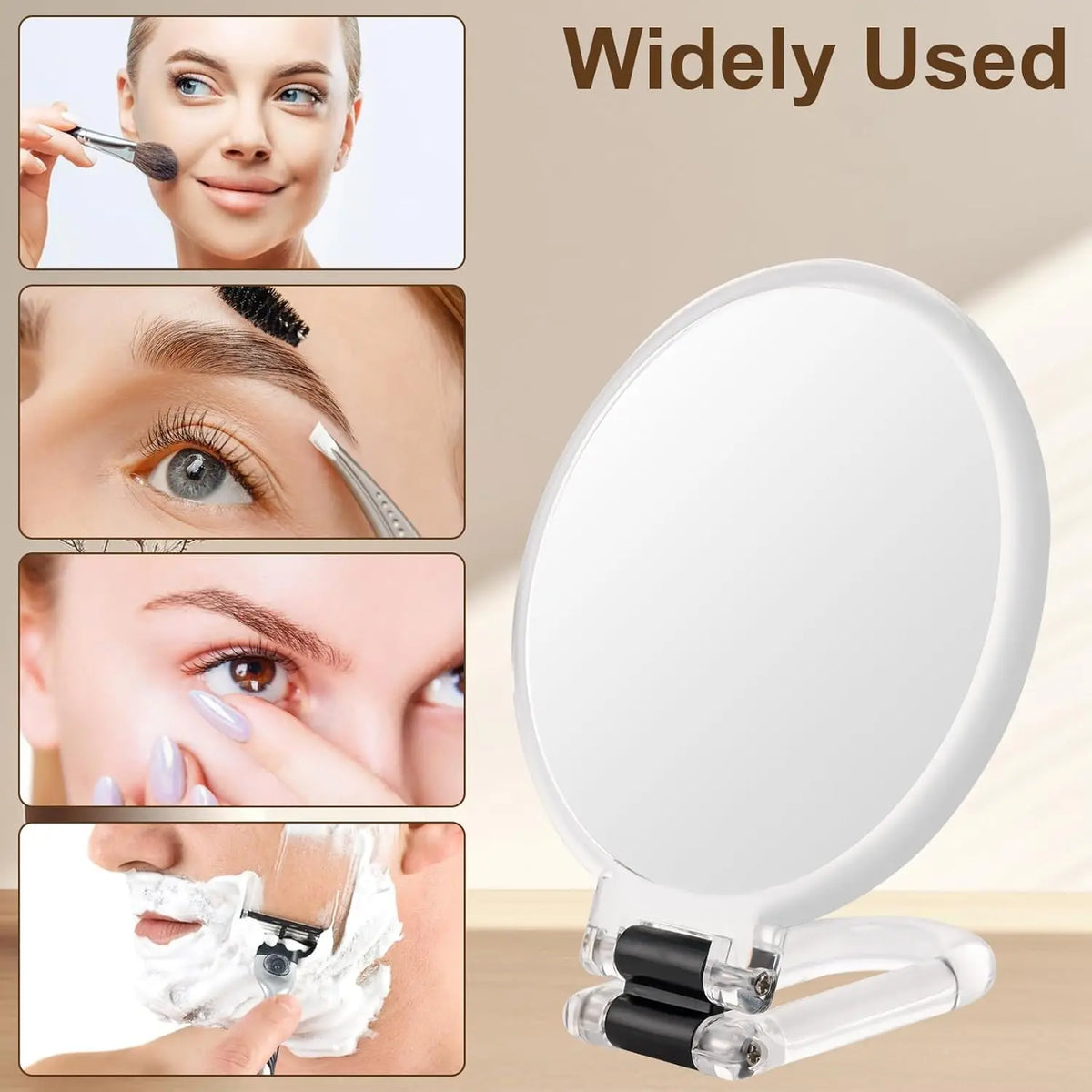A foldable handheld vanity mirror is shown with various magnifying functions for facial and eye examination.