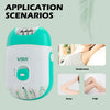 A white and teal rechargeable electric epilator device shown with application scenarios for underarms, arms, and legs.