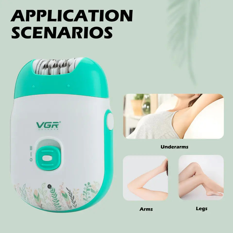 A white and teal rechargeable electric epilator device shown with application scenarios for underarms, arms, and legs.