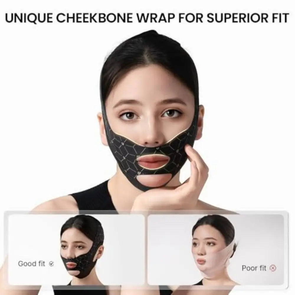 A woman is wearing a black unique cheekbone wrap for superior fit, demonstrating the product.