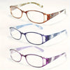 Un ensemble de lunettes de lecture rectangulaires élégantes dans différentes nuances d'ambre, bleu et violet.