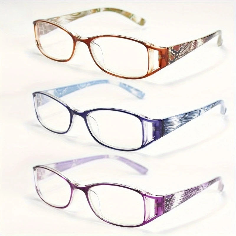 Un ensemble de lunettes de lecture rectangulaires élégantes dans différentes nuances d'ambre, bleu et violet.