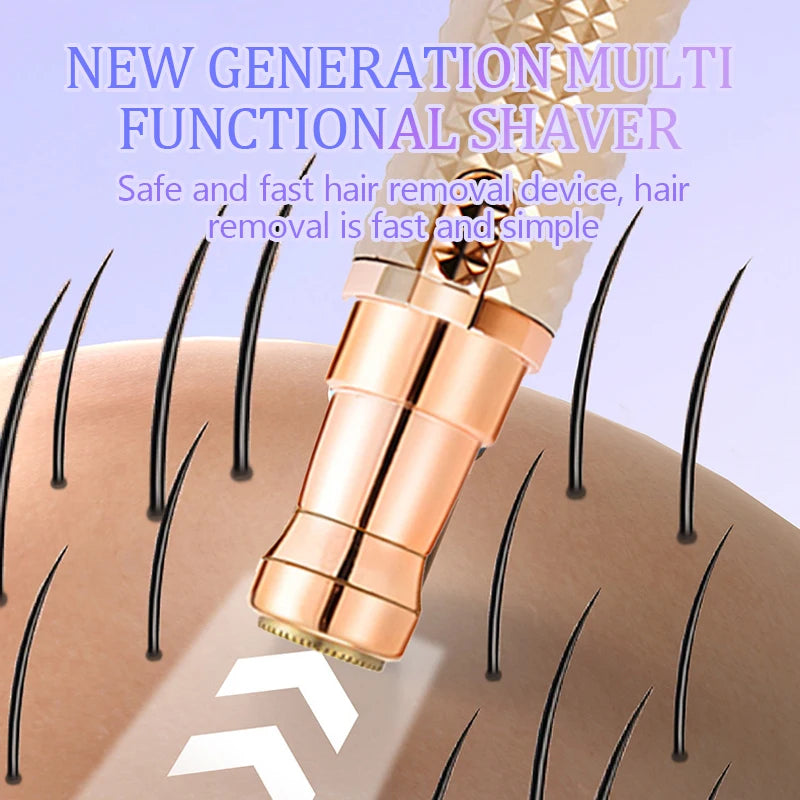 A close-up of a multi functional shaver with gold accents removing hair from skin.