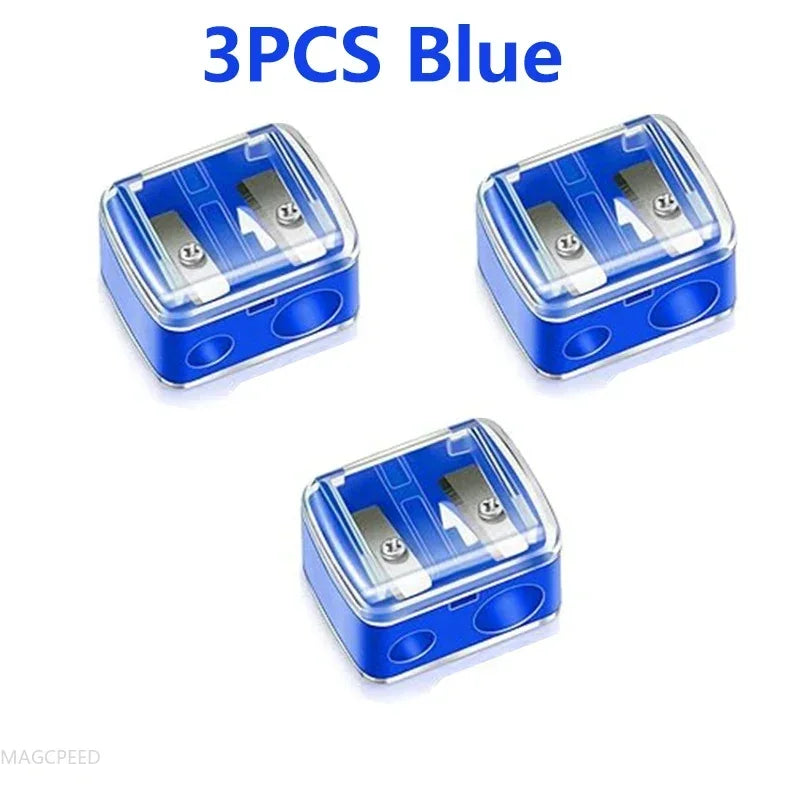 Three blue dual pencil sharpeners for cosmetics and art supplies