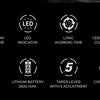 Icons detailing features of a professional electric hair clipper including motor speed, LED indicator, working time, blades, 