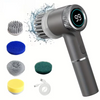 A gray electric spin scrubber with a 99 rating display and various interchangeable brush heads shown next to the device.