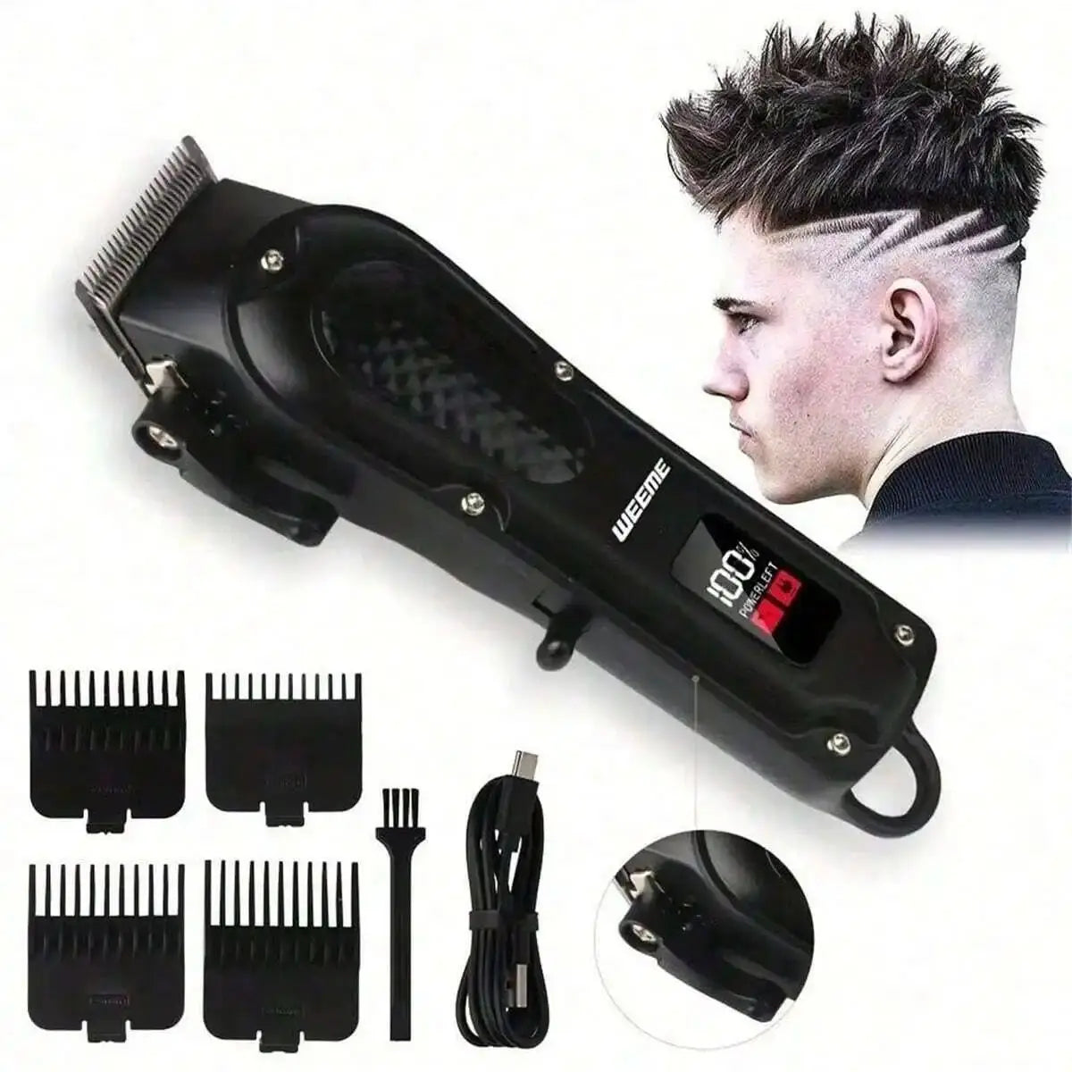 Schwarzer kabelloser USB-Lade-Haar- und Barttrimmer mit verschiedenen Aufsätzen neben einem Kopf.