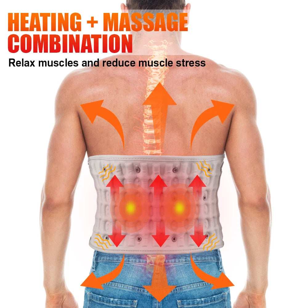 A person is shown wearing an inflatable back heating support belt for muscle relaxation and pain relief.