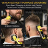 A yellow rechargeable hair clipper grooming kit demonstrating beard trimming, hair art outlining, and fading hair techniques.