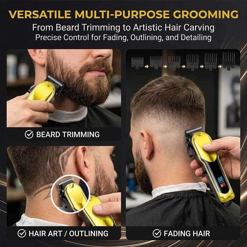 A yellow rechargeable hair clipper grooming kit demonstrating beard trimming, hair art outlining, and fading hair techniques.