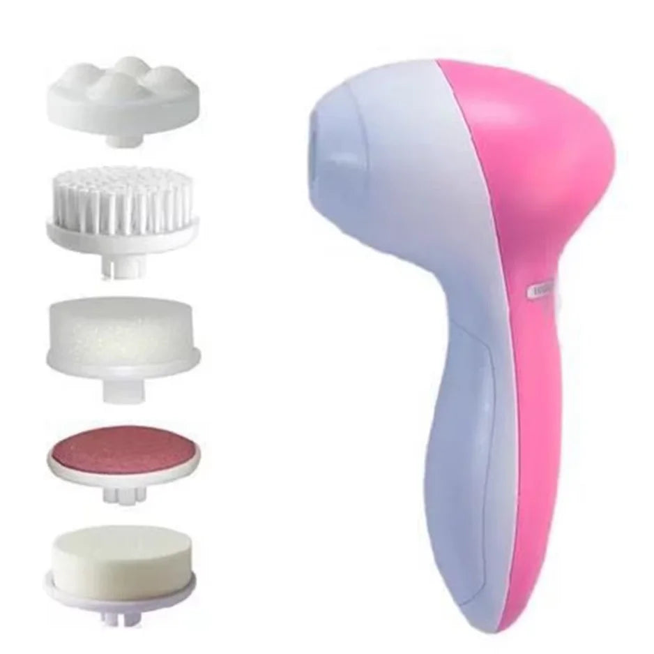 A pink and white electric facial cleansing and massage brush with multiple brush heads.