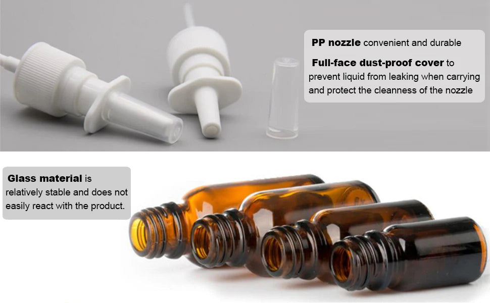 Reusable amber glass nasal spray bottles with white PP nozzles and dust-proof covers