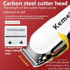 A white Kemei carbon steel cutter head with an R-shaped cutting head being adjusted on a hair clipper.