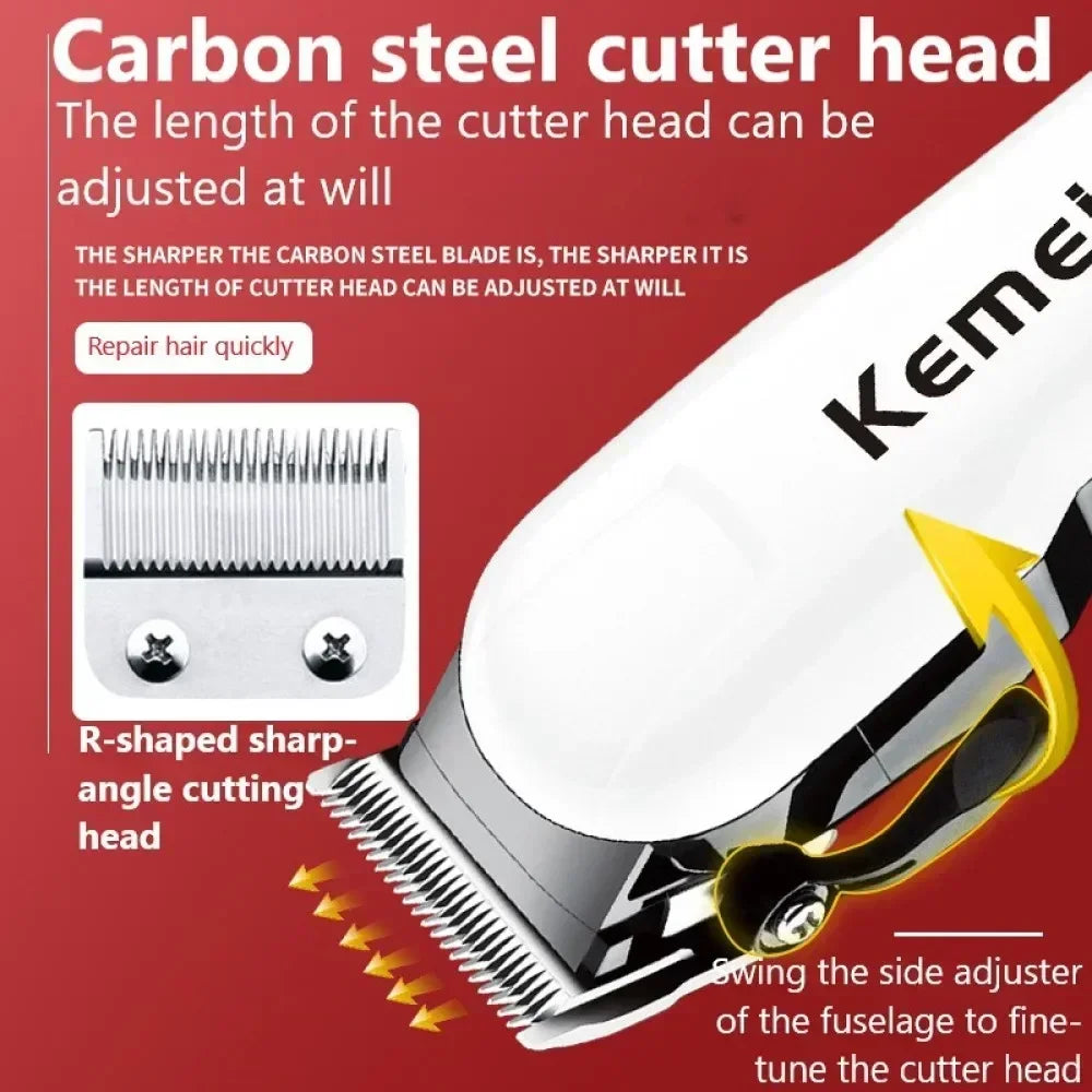 A white Kemei carbon steel cutter head with an R-shaped cutting head being adjusted on a hair clipper.