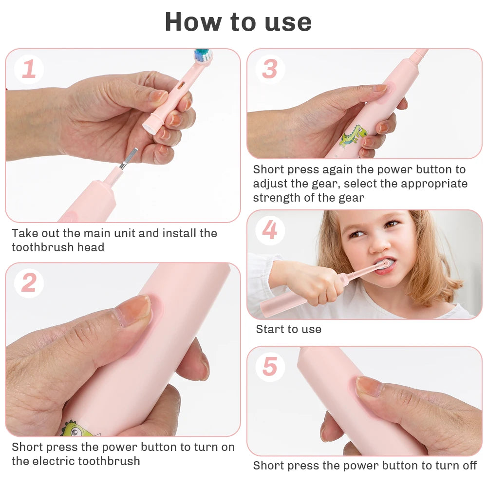 Instructions showing how to use a rechargeable electric toothbrush, including installing the head and turning it on and off.