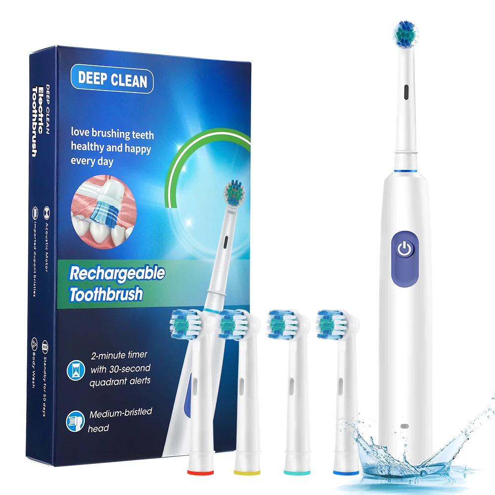 A white rechargeable electric toothbrush with a blue light, charging base, and various brush heads shown on a box.