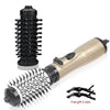 A black hot air brush with a gold handle and multiple hair straightening and curling attachments.