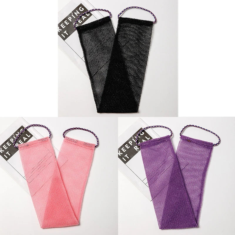 Three exfoliating African net body scrub sponges in black, pink, and purple are displayed against a white background.