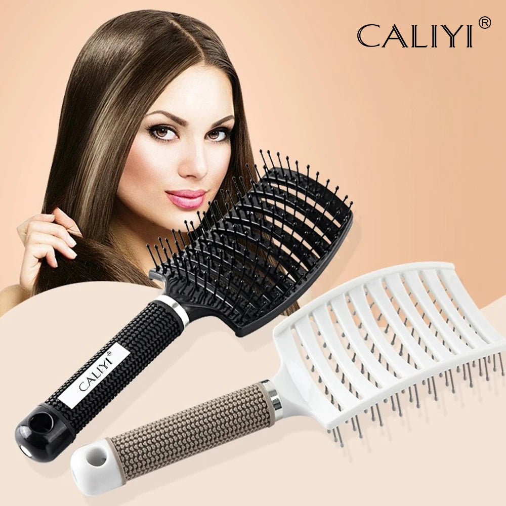 A woman models a Caliyi curved vented hair brush, showing the brush and its handle.