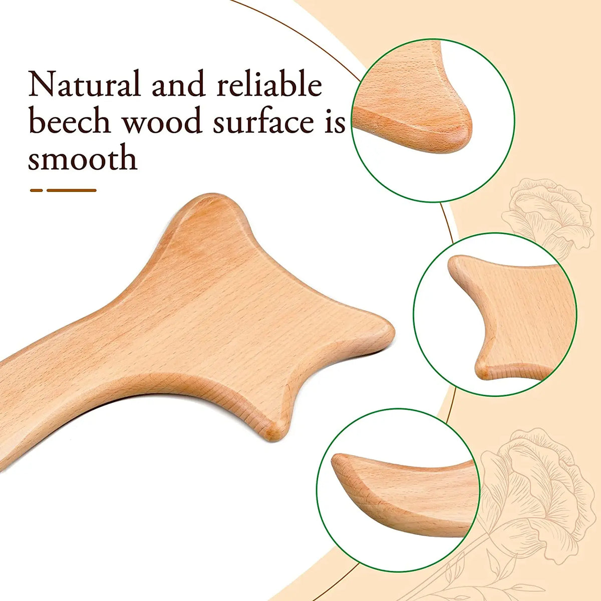 A light-colored beech wood gua sha roller is shown with close-ups highlighting its smooth surface.